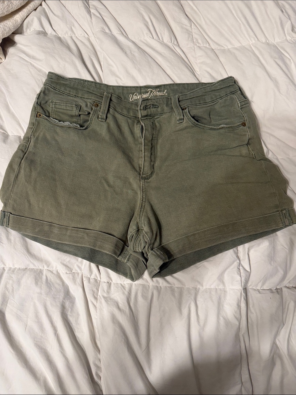 Universal Thread Washed Olive Rolled Hem Denim Shorts